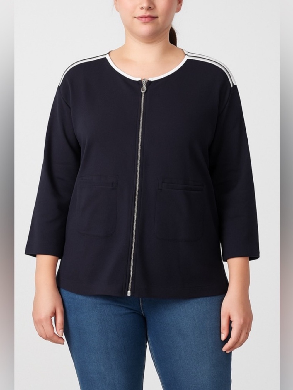 Joan Vass black white trim cardigan jacket zip up three quarter sleeves